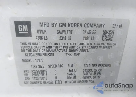 2020 Chevrolet Trax Fwd Lt z USA, uszkodzony, nr VIN KL7CJLSB6LB003310